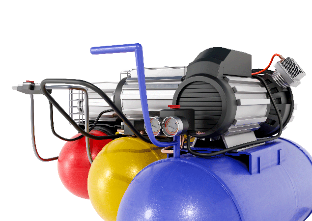 Compressor industrial colorido com tanques vermelho, amarelo e azul