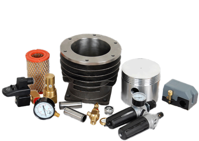 Diversas peças e componentes de compressores incluindo cilindro, pistão e filtros